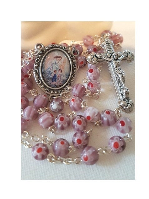 Guardian Angel Rosary, Murano Glass Rosary, Angel With Children, Blue Floral Murano Glass Rosary, Pink Murano Prayer Beads, First Communion