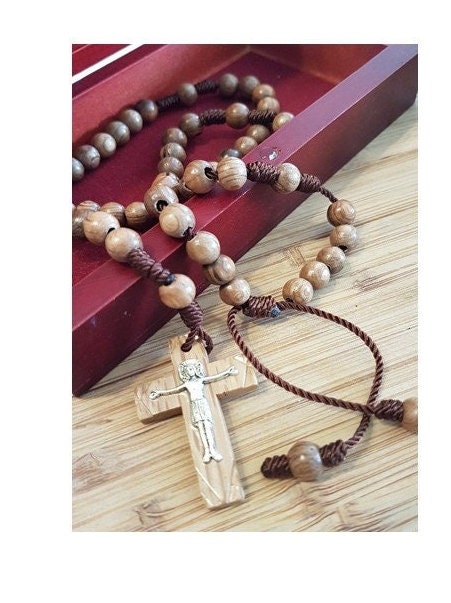 Wood Beads Corded Rosary, Rosary Necklace To wear, Non Tarnish Rosary, Wooden Cross, Men Brown Rosary,  Adult Wood Rosary, Adjustable knot
