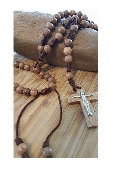 Wood Beads Corded Rosary, Rosary Necklace To wear, Non Tarnish Rosary, Wooden Cross, Men Brown Rosary,  Adult Wood Rosary, Adjustable knot