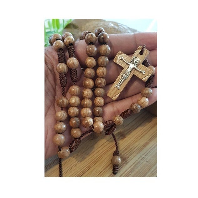 Wood Beads Corded Rosary, Rosary Necklace To wear, Non Tarnish Rosary, Wooden Cross, Men Brown Rosary,  Adult Wood Rosary, Adjustable knot