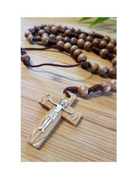 Wood Beads Corded Rosary, Rosary Necklace To wear, Non Tarnish Rosary, Wooden Cross, Men Brown Rosary,  Adult Wood Rosary, Adjustable knot