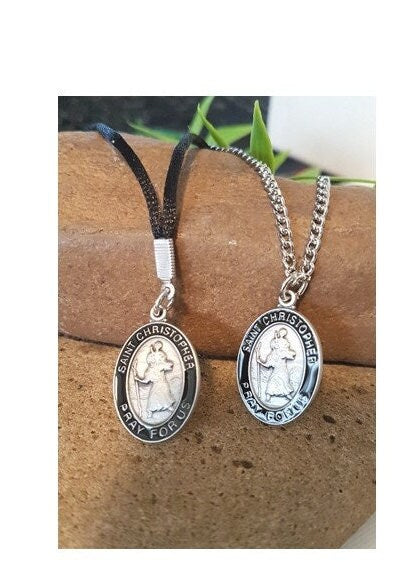 St Christopher Necklace with Prayer Card * Choose Cord or Silver Chain * / St Christopher Black Enamel Pewter Necklace with Prayer Card