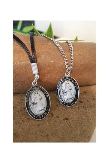 St Christopher Necklace with Prayer Card * Choose Cord or Silver Chain * / St Christopher Black Enamel Pewter Necklace with Prayer Card