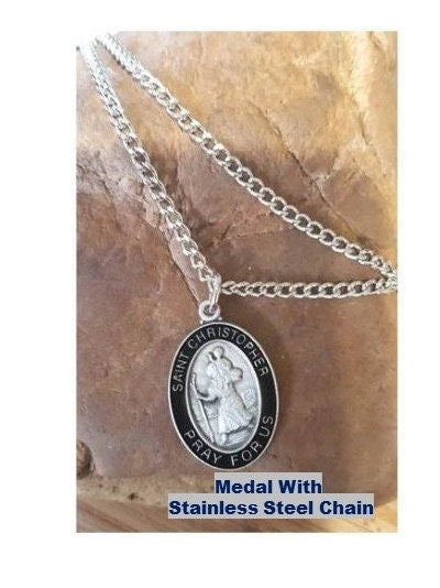 St Christopher Necklace with Prayer Card * Choose Cord or Silver Chain * / St Christopher Black Enamel Pewter Necklace with Prayer Card