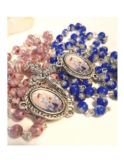 Guardian Angel Rosary, Murano Glass Rosary, Angel With Children, Blue Floral Murano Glass Rosary, Pink Murano Prayer Beads, First Communion