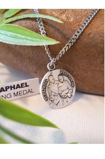 St Raphael Sterling Medal, Vintage Look Sterling Silver Pendant, St Raphael the Arcangel, Saint Round Medal, Gift for Nurses and Physicians