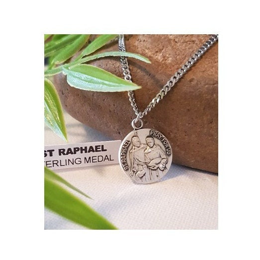 St Raphael Sterling Medal, Vintage Look Sterling Silver Pendant, St Raphael the Arcangel, Saint Round Medal, Gift for Nurses and Physicians