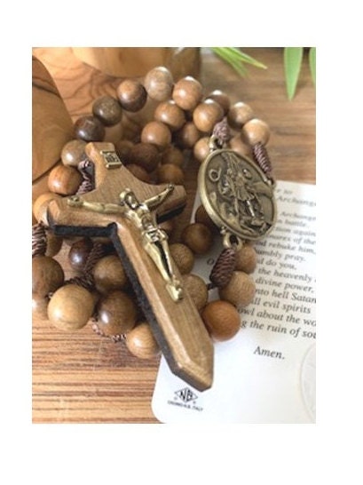 St Michael Combat Rosary, Big Wood St Michael Arcangel Rosary, Natural Wood Beads Corded Rosary, Sword Wooden Crucifix , Corded no Tarnish