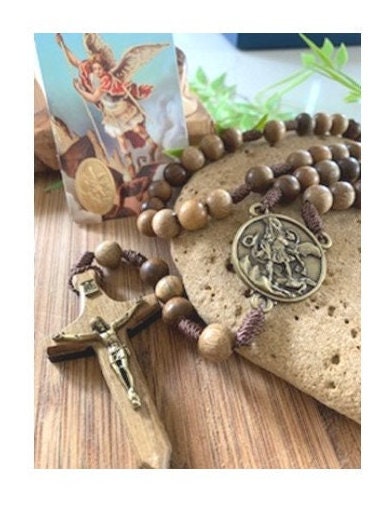 St Michael Combat Rosary, Big Wood St Michael Arcangel Rosary, Natural Wood Beads Corded Rosary, Sword Wooden Crucifix , Corded no Tarnish