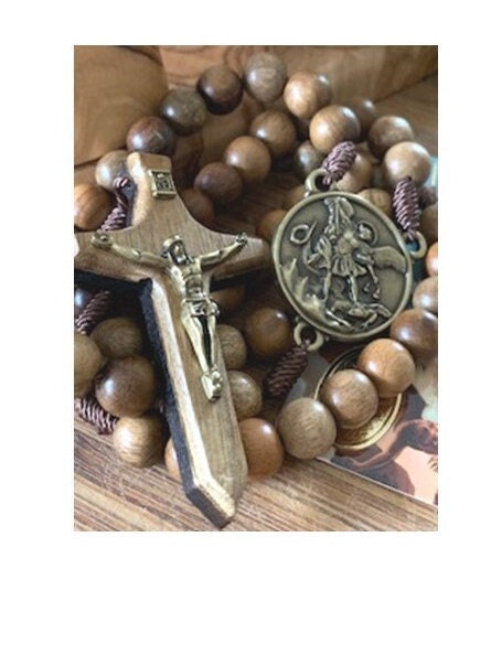 St Michael Combat Rosary, Big Wood St Michael Arcangel Rosary, Natural Wood Beads Corded Rosary, Sword Wooden Crucifix , Corded no Tarnish