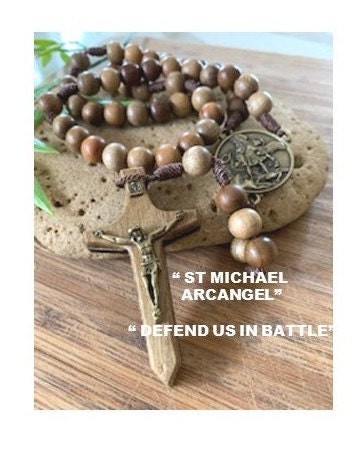 St Michael Combat Rosary, Big Wood St Michael Arcangel Rosary, Natural Wood Beads Corded Rosary, Sword Wooden Crucifix , Corded no Tarnish