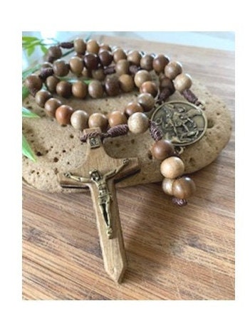 St Michael Combat Rosary, Big Wood St Michael Arcangel Rosary, Natural Wood Beads Corded Rosary, Sword Wooden Crucifix , Corded no Tarnish
