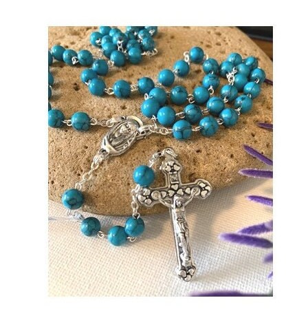 Genuine Turquoise Gemstone Rosary/Unisex Catholic Prayer Beads/Italian Gemstone Turquoise Beads/Sacred Heart Of Jesus and Praying Madonna