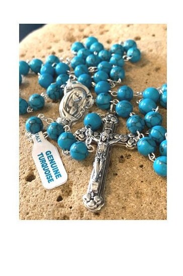 Genuine Turquoise Gemstone Rosary/Unisex Catholic Prayer Beads/Italian Gemstone Turquoise Beads/Sacred Heart Of Jesus and Praying Madonna