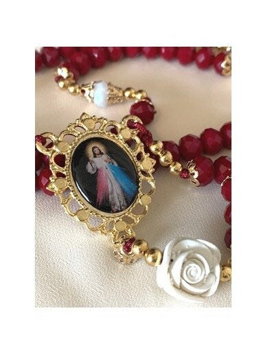 Divine Mercy Rosary, Garnet Rosary with Divine Mercy, Handcrafted Red Glass Rosary with Jesus, Gold Crucifix Jesus Medal, Gold Prayer Beads