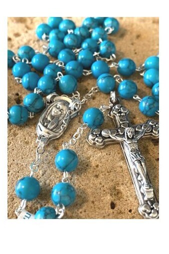 Genuine Turquoise Gemstone Rosary/Unisex Catholic Prayer Beads/Italian Gemstone Turquoise Beads/Sacred Heart Of Jesus and Praying Madonna
