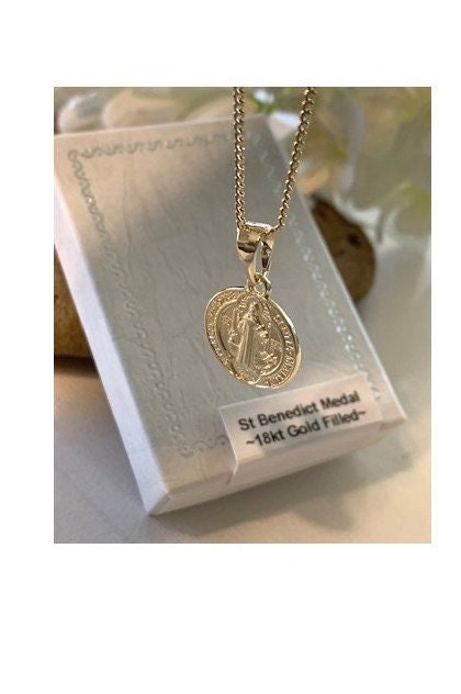 Cute Gold Filled St Benedict, 18Kt Gold Filled Saint Benedict Ladies Medal, Round San Benito Protection Pendant, Double sided St Benedict
