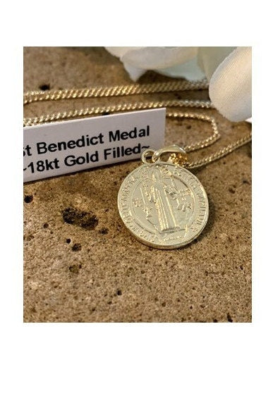 Cute Gold Filled St Benedict, 18Kt Gold Filled Saint Benedict Ladies Medal, Round San Benito Protection Pendant, Double sided St Benedict