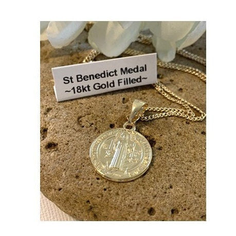 Cute Gold Filled St Benedict, 18Kt Gold Filled Saint Benedict Ladies Medal, Round San Benito Protection Pendant, Double sided St Benedict