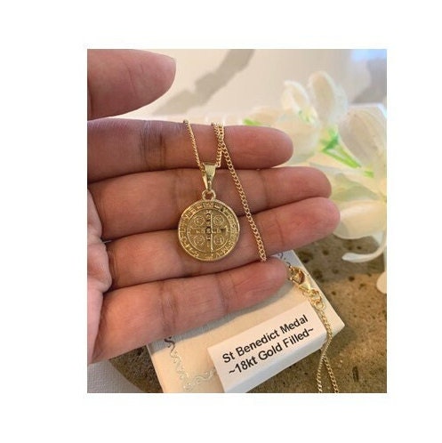 Cute Gold Filled St Benedict, 18Kt Gold Filled Saint Benedict Ladies Medal, Round San Benito Protection Pendant, Double sided St Benedict