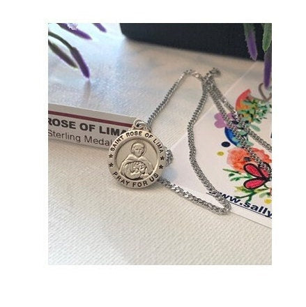 St Rose of Lima Sterling Medal, Saint Rose Necklace, Sterling Silver Saints Medal ,First Communion Gift, Domestic Violence Patron Saint