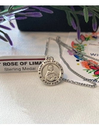St Rose of Lima Sterling Medal, Saint Rose Necklace, Sterling Silver Saints Medal ,First Communion Gift, Domestic Violence Patron Saint