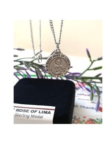 St Rose of Lima Sterling Medal, Saint Rose Necklace, Sterling Silver Saints Medal ,First Communion Gift, Domestic Violence Patron Saint