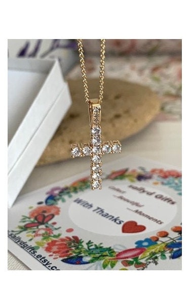 Cute Gold Cross, 18KT Gold Filled Cross Pendant, Clear CZ Stone Cross Necklace, Classy Ladies Cross Jewelry, Wedding and Bridal Jewelry