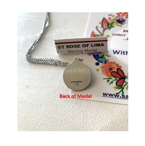 St Rose of Lima Sterling Medal, Saint Rose Necklace, Sterling Silver Saints Medal ,First Communion Gift, Domestic Violence Patron Saint