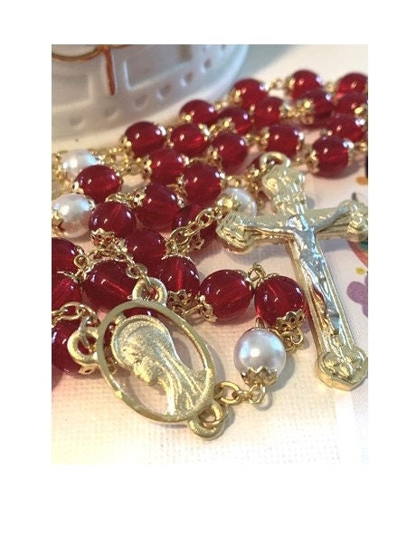 Red Ruby Rosary, Red Glass Rosary, Pearl Catholic Rosary, Gold Plated Catholic Prayer Beads, Handcrafted Beads, Our Lady of Sorrow Medal