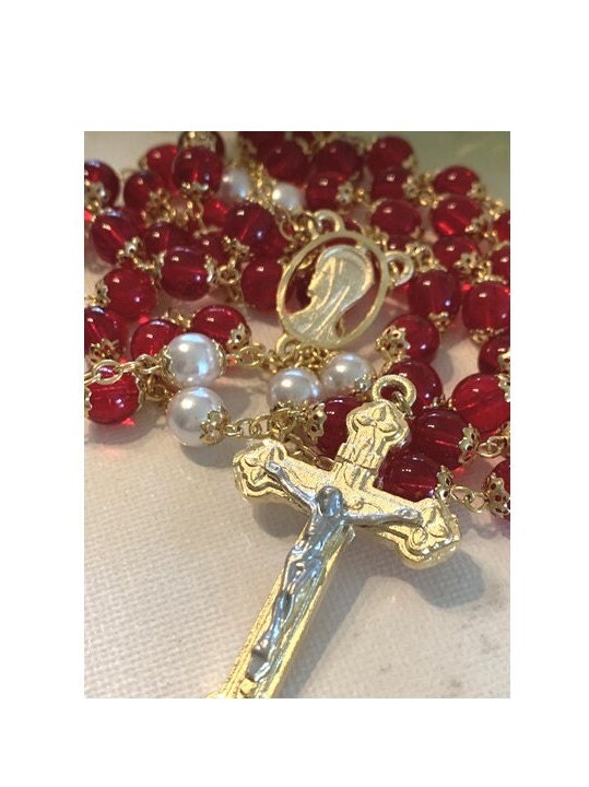 Red Ruby Rosary, Red Glass Rosary, Pearl Catholic Rosary, Gold Plated Catholic Prayer Beads, Handcrafted Beads, Our Lady of Sorrow Medal
