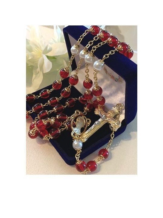 Red Ruby Rosary, Red Glass Rosary, Pearl Catholic Rosary, Gold Plated Catholic Prayer Beads, Handcrafted Beads, Our Lady of Sorrow Medal