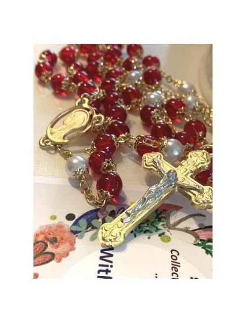 Red Ruby Rosary, Red Glass Rosary, Pearl Catholic Rosary, Gold Plated Catholic Prayer Beads, Handcrafted Beads, Our Lady of Sorrow Medal