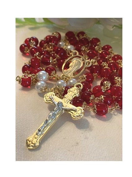 Red Ruby Rosary, Red Glass Rosary, Pearl Catholic Rosary, Gold Plated Catholic Prayer Beads, Handcrafted Beads, Our Lady of Sorrow Medal