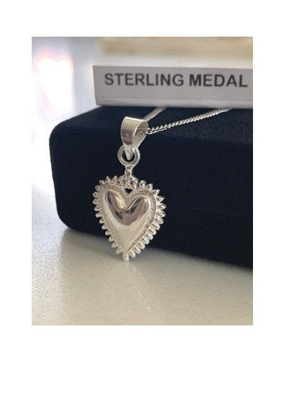 Flaming Heart Sterling Silver Medal, Sacred Heart Medal, Sterling Silver Heart Pendant, Heart of Jesus Necklace, Crown and Heart Jewelry