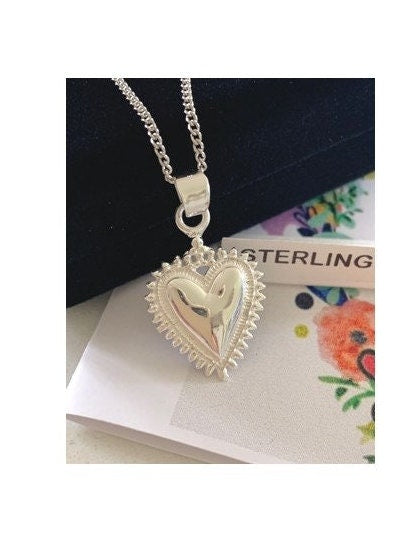 Flaming Heart Sterling Silver Medal, Sacred Heart Medal, Sterling Silver Heart Pendant, Heart of Jesus Necklace, Crown and Heart Jewelry