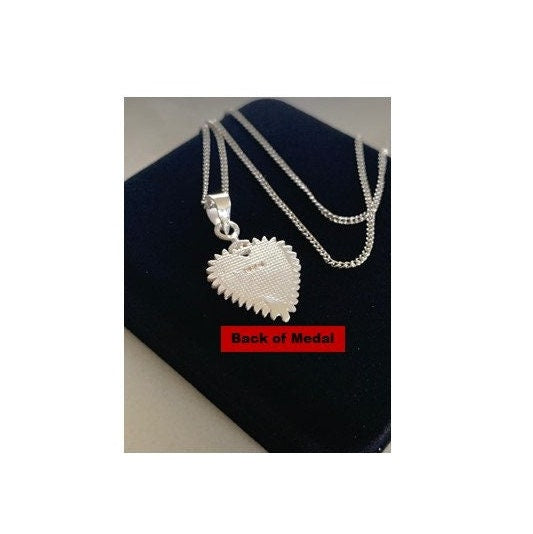 Flaming Heart Sterling Silver Medal, Sacred Heart Medal, Sterling Silver Heart Pendant, Heart of Jesus Necklace, Crown and Heart Jewelry