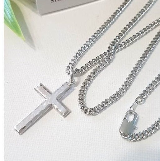 Mens Sterling Silver Cross Necklace/Silver Cross Necklace/Men and Women Christian Cross Jewelry/Heavy Chain quality Sterling Cross