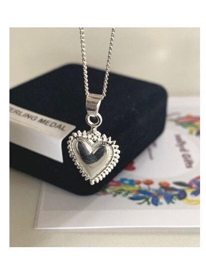 Flaming Heart Sterling Silver Medal, Sacred Heart Medal, Sterling Silver Heart Pendant, Heart of Jesus Necklace, Crown and Heart Jewelry