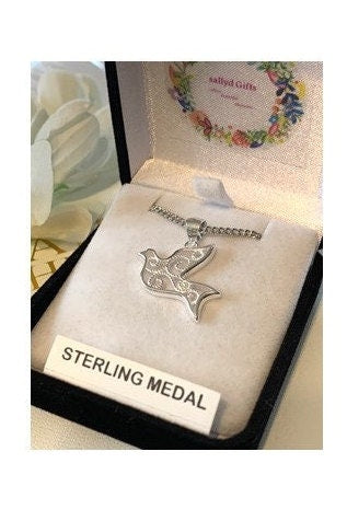 Sterling Medal Dove, Holy Spirit Pendant, Sterling Silver Holy Spirit Necklace, Silver Confirmation Gift Medal, Sacramental Gifts Idea
