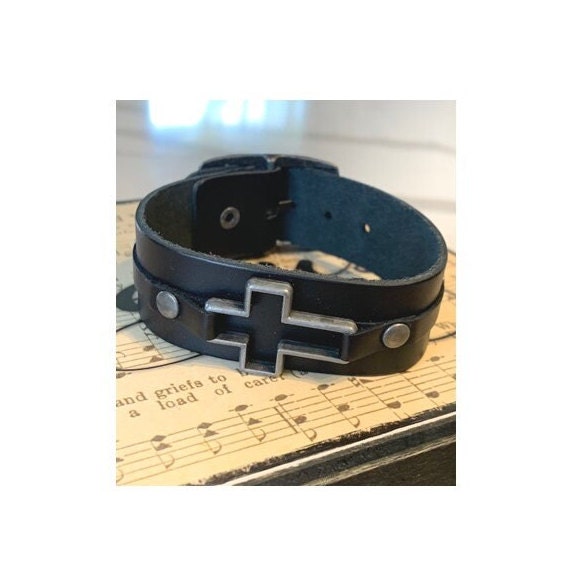 Mens Leather Bracelet, Genuine Leather Cross Bracelet, Wristband for Adults, Cross Gifts for Him, Graduation Gift, Christian Giftware