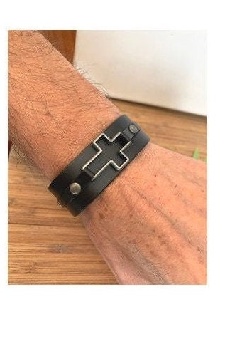 Mens Leather Bracelet, Genuine Leather Cross Bracelet, Wristband for Adults, Cross Gifts for Him, Graduation Gift, Christian Giftware
