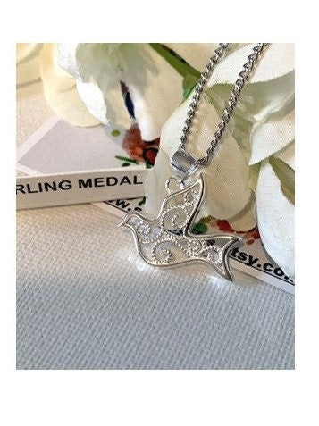Sterling Medal Dove, Holy Spirit Pendant, Sterling Silver Holy Spirit Necklace, Silver Confirmation Gift Medal, Sacramental Gifts Idea