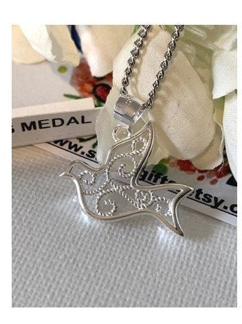 Sterling Medal Dove, Holy Spirit Pendant, Sterling Silver Holy Spirit Necklace, Silver Confirmation Gift Medal, Sacramental Gifts Idea