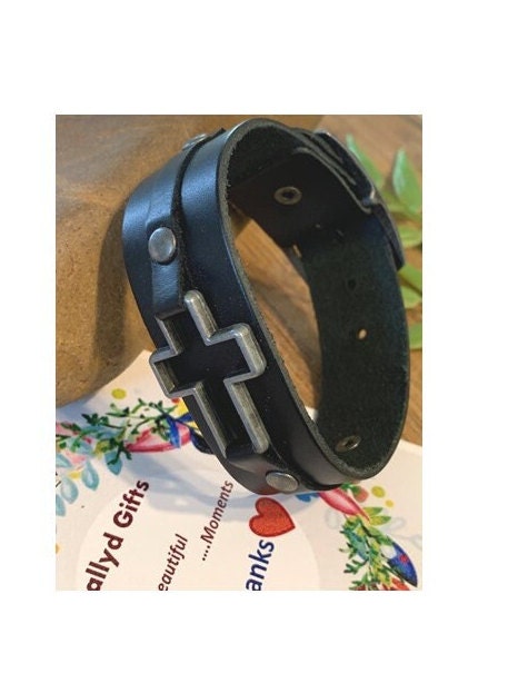 Mens Leather Bracelet, Genuine Leather Cross Bracelet, Wristband for Adults, Cross Gifts for Him, Graduation Gift, Christian Giftware