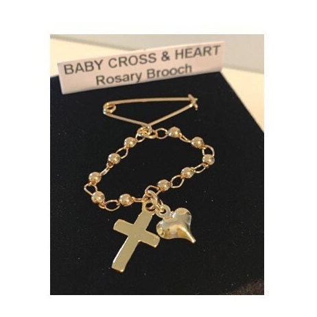 Gold Baby Brooch, Mini Lapel Pin For Children, Kids Rosary, Children's Brooch, 18KT Gold Filled Kids Rosary, Children's Cross and Heart