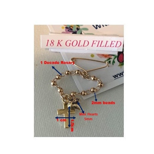 Gold Baby Brooch, Mini Lapel Pin For Children, Kids Rosary, Children's Brooch, 18KT Gold Filled Kids Rosary, Children's Cross and Heart