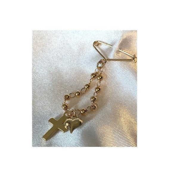 Gold Baby Brooch, Mini Lapel Pin For Children, Kids Rosary, Children's Brooch, 18KT Gold Filled Kids Rosary, Children's Cross and Heart