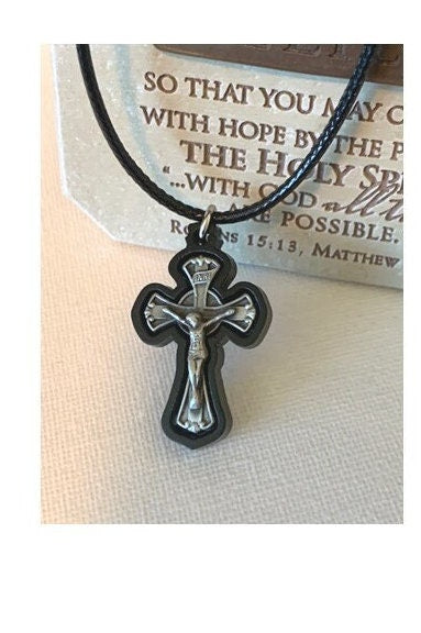 Black St Benedict Cross,Pewter and Wood Black Crucifix, Boys Cross Medal, Men's Cross & Leather Chain, First Communion and Confirmation Gift