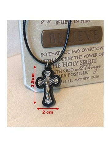 Black St Benedict Cross,Pewter and Wood Black Crucifix, Boys Cross Medal, Men's Cross & Leather Chain, First Communion and Confirmation Gift